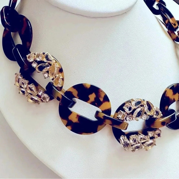 NWT J. Crew Tortoise And Rhinestone/Crystal Link Adjustable Statement Necklace - Picture 4 of 8
